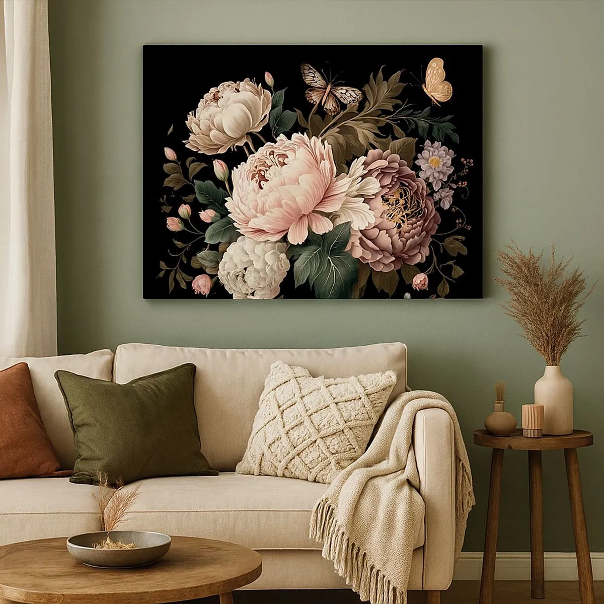 Bild auf Leinwand - Leinwandbild - Ein Strauß rosa Blumen und Schmetterlinge auf schwarzem Hintergrund - 70x50cm - Im Barockstil - Moderne Wanddekoration für Wohnzimmer und Schlafzimmer ARTTOR