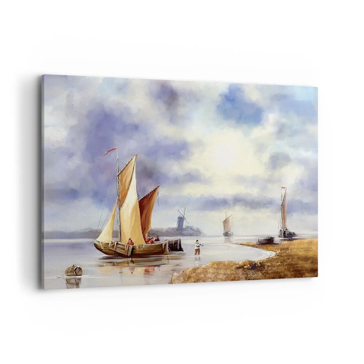 Bild auf Leinwand - Leinwandbild - Segelboote auf ruhigem Wasser mit Windmühlen im Hintergrund - 120x80cm - Die Rückkehr der Seeleute - Moderne Wanddekoration für Wohnzimmer und Schlafzimmer ARTTOR