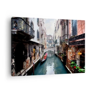Bild auf Leinwand - Leinwandbild - Ein Kanal in Venedig mit einer Gondel und historischen Gebäuden - 70x50cm - Venezianische Landschaft mit Gondel und Brücke - Moderne Wanddekoration für Wohnzimmer und Schlafzimmer ARTTOR