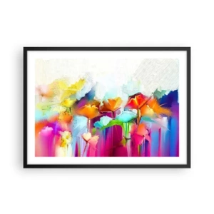 Poster in einem schwarzem Rahmen - Abstrakte bunte Blumen auf hellem Hintergrund - 70x50cm - Der Regenbogen ist aufgeblüht - Moderne Wanddekoration für Wohnzimmer und Schlafzimmer ARTTOR