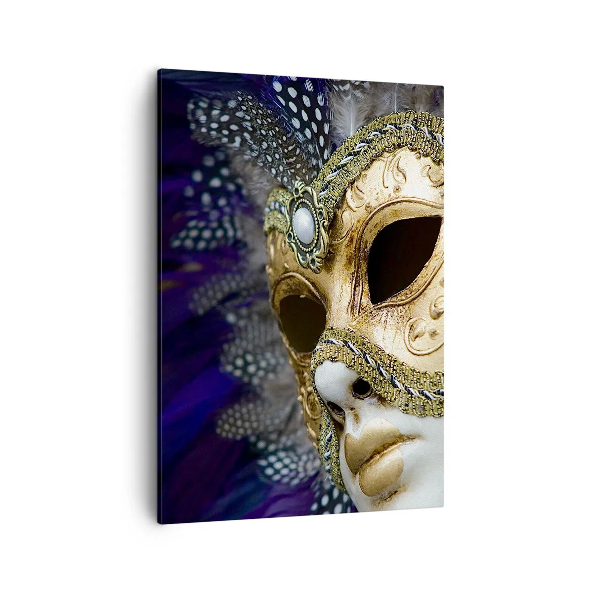 Bild auf Leinwand - Leinwandbild - Goldene venezianische Maske mit dekorativen Federn und Ornamenten - 50x70cm - Venezianisches Porträt in Gold - Moderne Wanddekoration für Wohnzimmer und Schlafzimmer ARTTOR