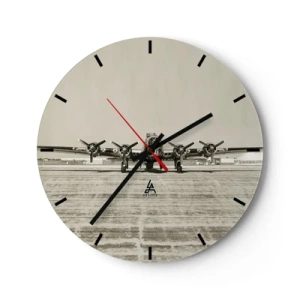 Wanduhr - Glasuhr - Oldtimer-Flugzeug auf einem Retro-Flughafen - 30x30cm - Wie immer bereit - Moderne Wanddekoration für Wohnzimmer, Küche und Schlafzimmer ARTTOR
