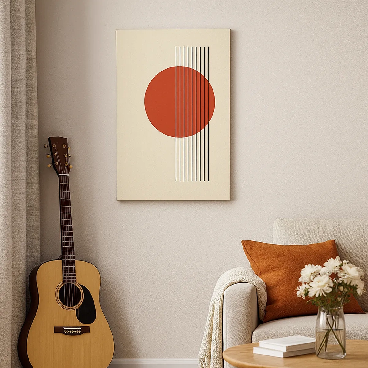 Bild auf Leinwand - Leinwandbild - Abstrakter roter Kreis mit Linien auf beigem Hintergrund. - 50x70cm - Immer wieder und weiter - Moderne Wanddekoration für Wohnzimmer und Schlafzimmer ARTTOR