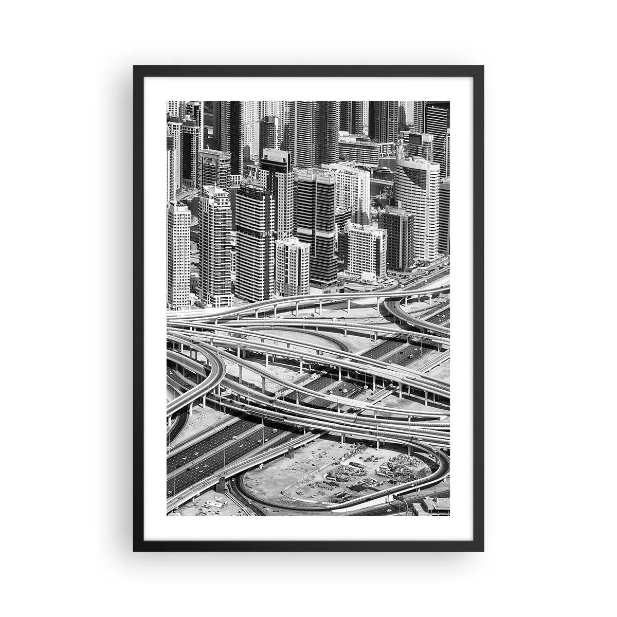 Poster in einem schwarzem Rahmen - Stadtpanorama mit Straßennetz im Schwarz-Weiß-Stil - 50x70cm - Dubai - die unmögliche Stadt - Moderne Wanddekoration für Wohnzimmer und Schlafzimmer ARTTOR
