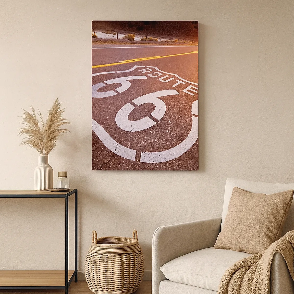 Bild auf Leinwand - Leinwandbild - Route 66 bei Sonnenuntergang - 50x70cm - Die berühmte Straße 66 - Moderne Wanddekoration für Wohnzimmer und Schlafzimmer ARTTOR