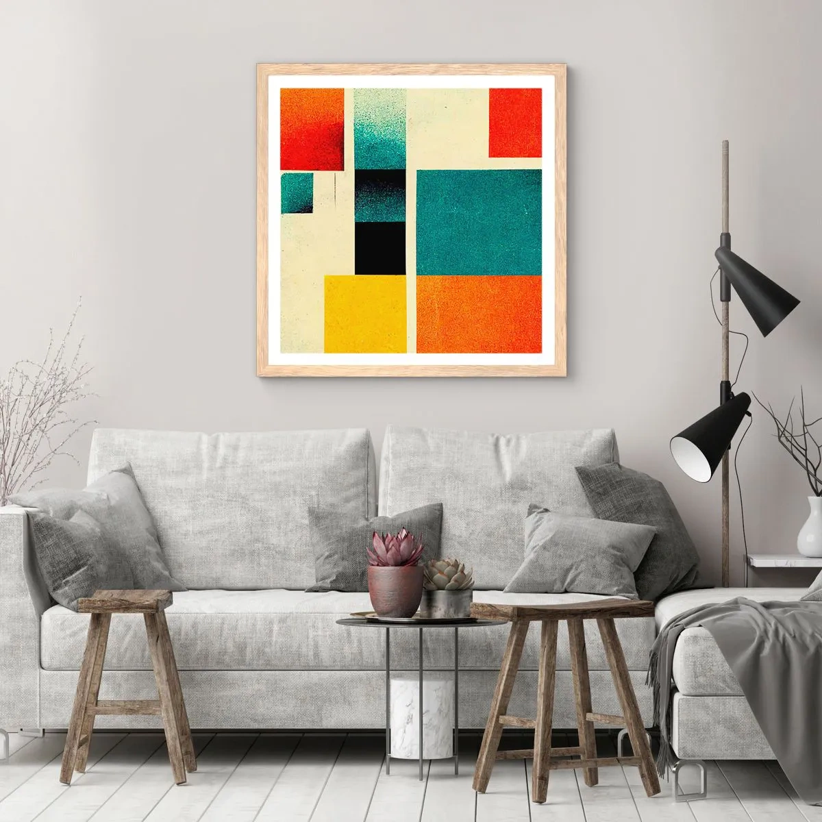 Poster in einem Rahmen aus heller Eiche - Geometrische Abstraktion – gute Energie - 30x30 cm