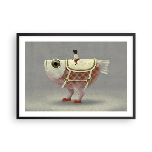 Poster in einem schwarzem Rahmen - Ein schicker Fischreiter mit Beinen und Sattel - 70x50cm - Reiter auf einem surrealen Fisch - Moderne Wanddekoration für Wohnzimmer und Schlafzimmer ARTTOR