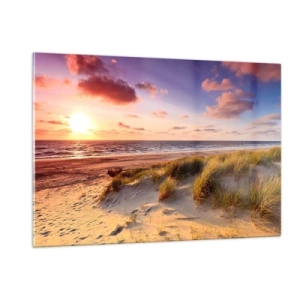 Glasbild - Bild auf glas - Strand mit Dünen bei Sonnenuntergang - 120x80cm - Die Luft riecht schon im Sommer - Moderne Wanddekoration für Wohnzimmer und Schlafzimmer ARTTOR