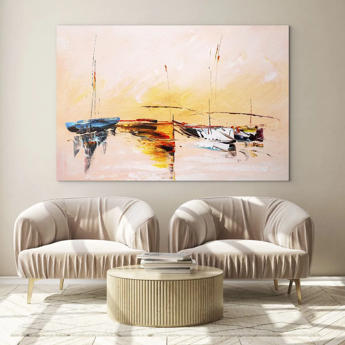 Glasbild - Bild auf glas - Bunte Boote vor der Kulisse eines impressionistischen Sonnenuntergangs - 120x80cm - Abend im Yachthafen - Moderne Wanddekoration für Wohnzimmer und Schlafzimmer ARTTOR