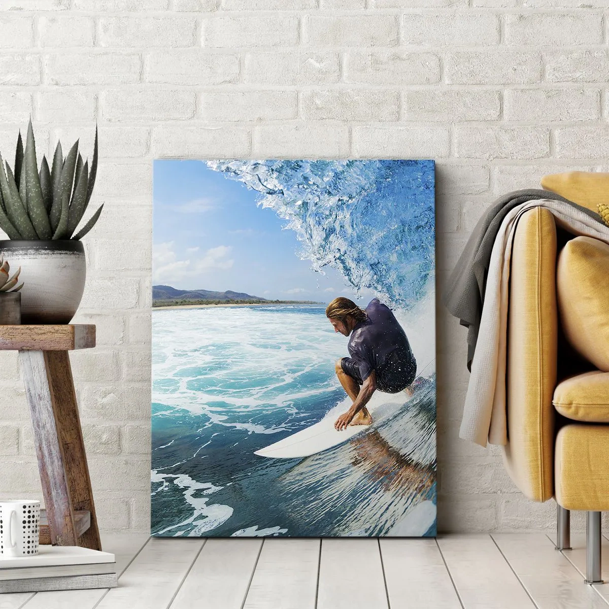 Bild auf Leinwand - Leinwandbild - Ein Surfer in dynamischer Pose auf einer Welle im türkisfarbenen Wasser. - 70x100cm - Tanzen mit den Wellen - Moderne Wanddekoration für Wohnzimmer und Schlafzimmer ARTTOR