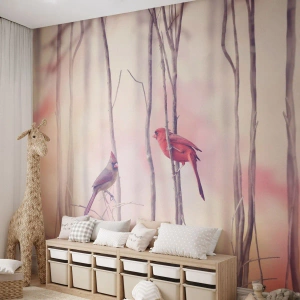 Fototapete Premium Canvas - Ein Kardinalspaar sitzt auf Ästen in einer pastellfarbenen Landschaft - 100x70cm - Geschichte vom rosa Wald - Moderne Wanddekoration für Wohnzimmer und Schlafzimmer ARTTOR