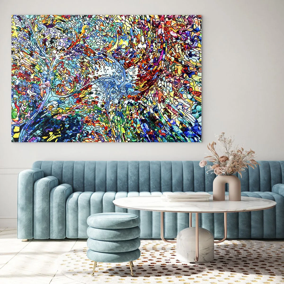 Glasbild - Bild auf glas - Bunte abstrakte Muster, die an Buntglas erinnern - 70x50cm - Glasmalerei Wassertropfen - Moderne Wanddekoration für Wohnzimmer und Schlafzimmer ARTTOR