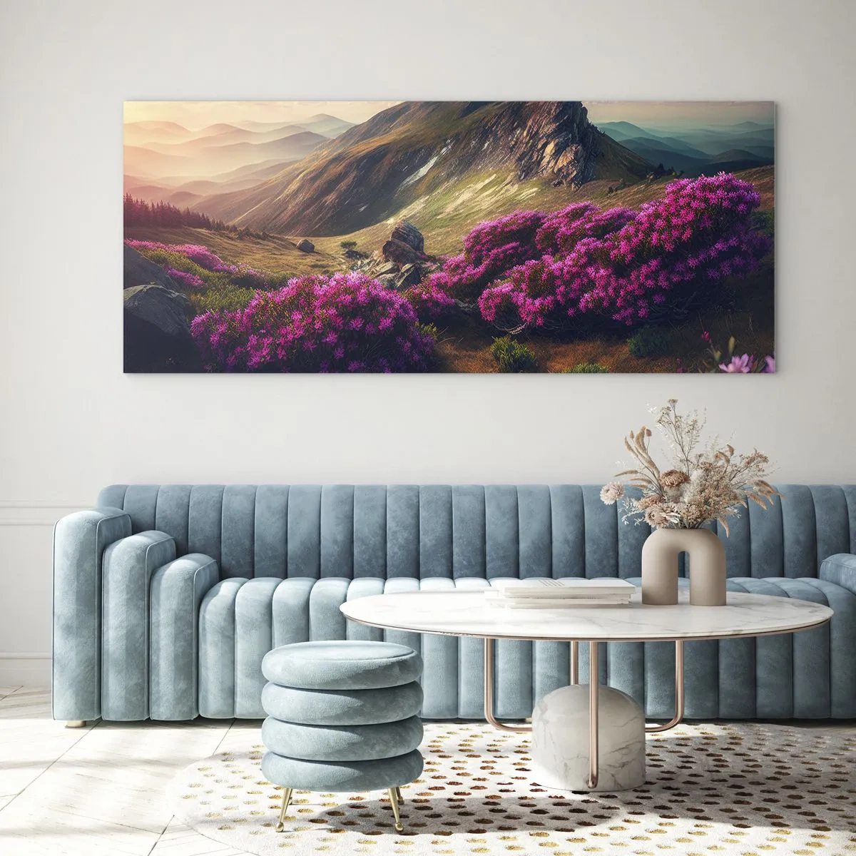 Glasbild - Bild auf glas - Berglandschaft mit blühenden Rhododendren - 140x50cm - Sommer in den Bergen - Moderne Wanddekoration für Wohnzimmer und Schlafzimmer ARTTOR