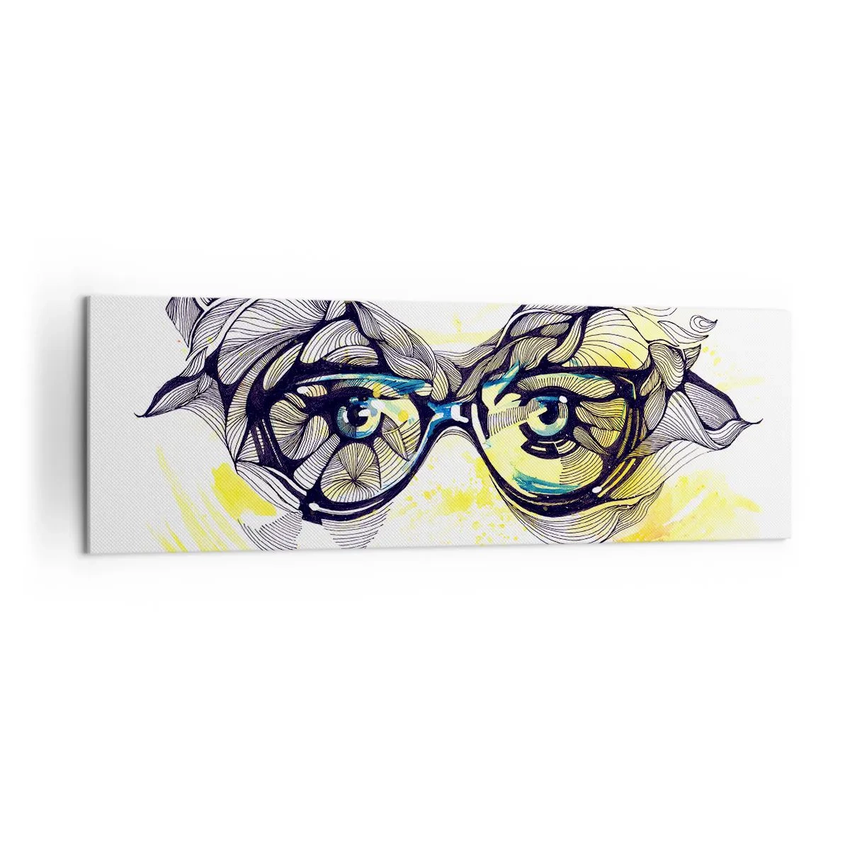Bild auf Leinwand - Leinwandbild - Künstlerische Grafik einer Brille mit ausdrucksstarken Augen - 160x50cm - Durch blaue Brille - Moderne Wanddekoration für Wohnzimmer und Schlafzimmer ARTTOR