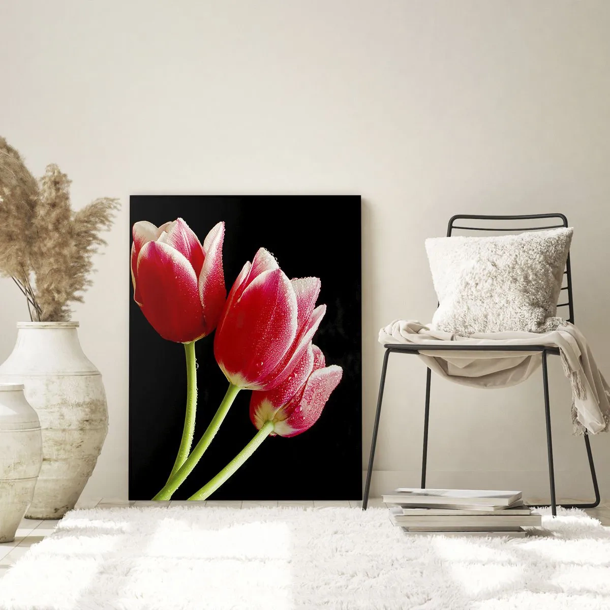 Glasbild - Bild auf glas - Rote Tulpen mit Tautropfen auf schwarzem Hintergrund - 80x120cm - Ein Versprechen der reinen Liebe - Moderne Wanddekoration für Wohnzimmer und Schlafzimmer ARTTOR