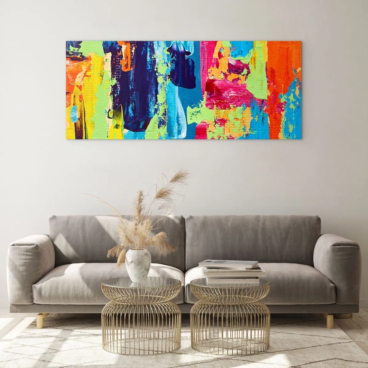 Glasbild - Bild auf glas - Abstrakte Farbkomposition in dynamischer Form - 140x50cm - Das Leben ist wunderschoen! - Moderne Wanddekoration für Wohnzimmer und Schlafzimmer ARTTOR