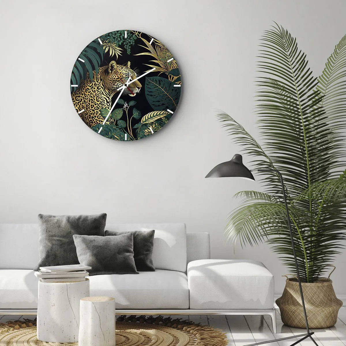 Wanduhr - Glasuhr - Leopard zwischen tropischen Blättern auf schwarzem Hintergrund - 30x30cm - Gastgeber im Dschungel - Moderne Wanddekoration für Wohnzimmer, Küche und Schlafzimmer ARTTOR