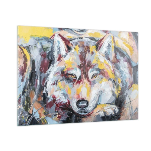 Glasbild - Bild auf glas - Farbenfrohes Wolfsportrait im expressionistischen Stil - 100x70cm - Seelenfrieden unter den Lieben - Moderne Wanddekoration für Wohnzimmer und Schlafzimmer ARTTOR