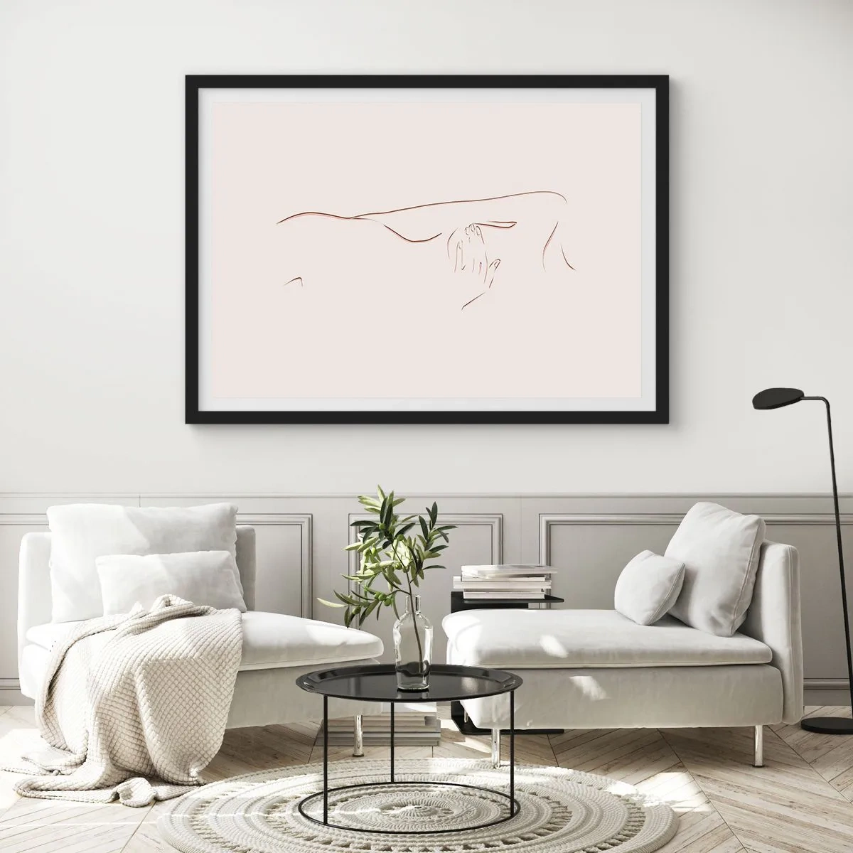 Poster in einem schwarzem Rahmen - Eine subtile Strichzeichnung einer Silhouette vor einem hellen Hintergrund - 70x50cm - Die Form des Verlangens - Moderne Wanddekoration für Wohnzimmer und Schlafzimmer ARTTOR