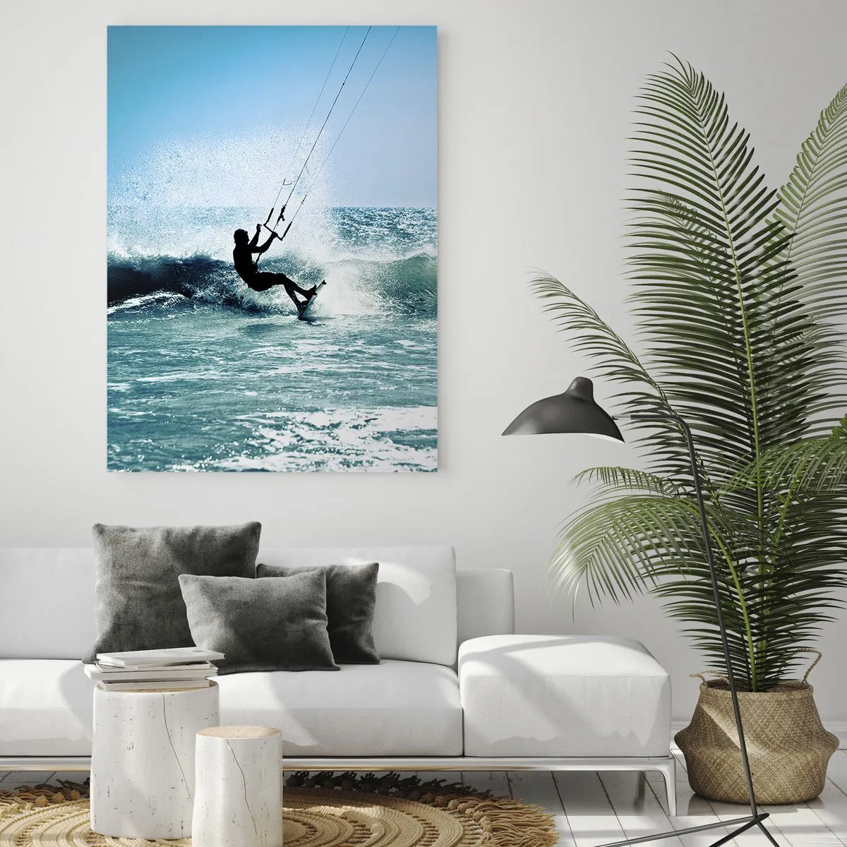Glasbild - Bild auf glas - Kitesurfer reitet eine Welle in der vollen Sonne - 80x120cm - Hinreißen lassen - Moderne Wanddekoration für Wohnzimmer und Schlafzimmer ARTTOR