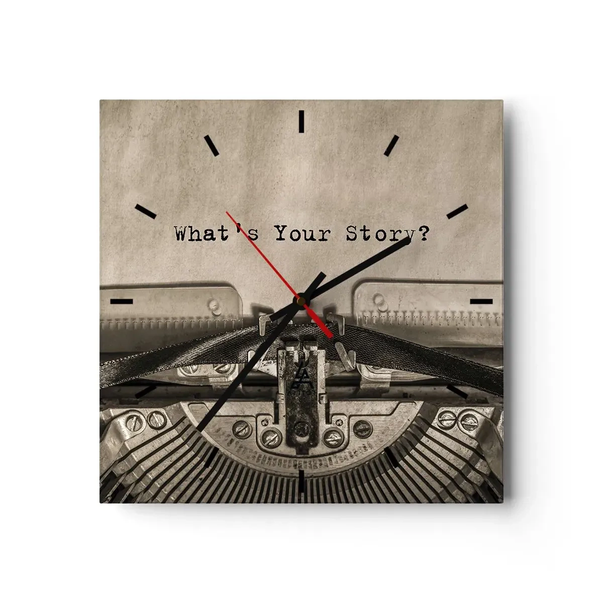 Wanduhr - Glasuhr - Eine Schreibmaschine mit den Worten „Was ist Ihre Geschichte?“ - 30x30cm - Erzähl es mir - Moderne Wanddekoration für Wohnzimmer und Schlafzimmer ARTTOR