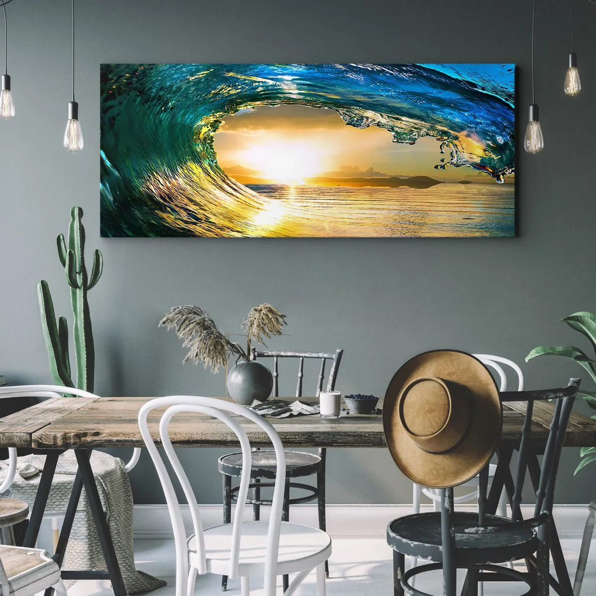 Bild auf Leinwand - Leinwandbild - Meereswelle in der Sonne mit Blick auf den Horizont - 160x50cm - In einem smaragd-goldenen Kristall - Moderne Wanddekoration für Wohnzimmer und Schlafzimmer ARTTOR