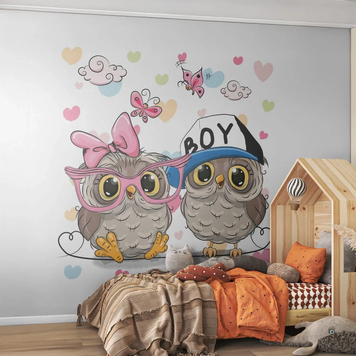 Fototapete Standard Eco - Lass uns Liebe machen! - Für Kinder, Eule, Schmetterling - 450x315 cm