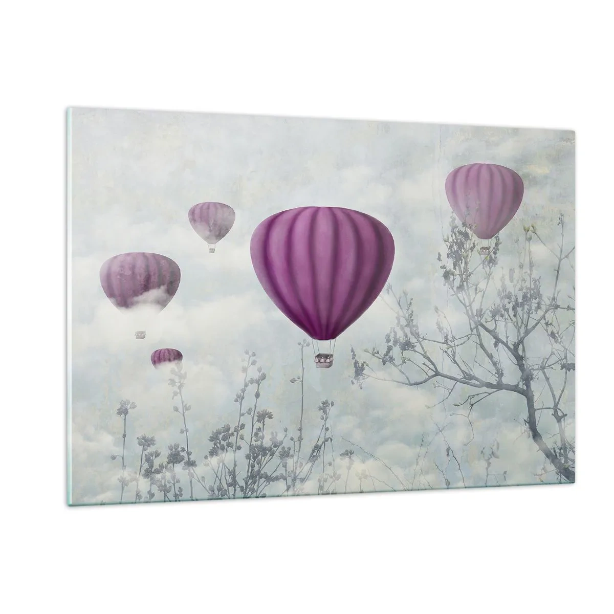 Glasbild - Bild auf glas - Lila Ballons schweben zwischen den Wolken und Ästen - 120x80cm - Wie Schiffe am Himmel - Moderne Wanddekoration für Wohnzimmer und Schlafzimmer ARTTOR