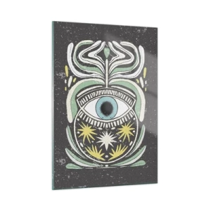 Glasbild - Bild auf glas - Grafisches Auge mit Stammesornamentik auf dunklem Hintergrund - 50x70cm - Stammesrituale - Moderne Wanddekoration für Wohnzimmer und Schlafzimmer ARTTOR