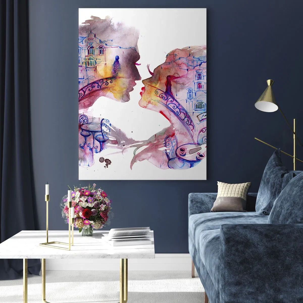 Glasbild - Bild auf glas - Ein romantisches Aquarell, das die Silhouetten von Liebenden darstellt - 80x120cm - Die geheime Seufzerbrücke - Moderne Wanddekoration für Wohnzimmer und Schlafzimmer ARTTOR