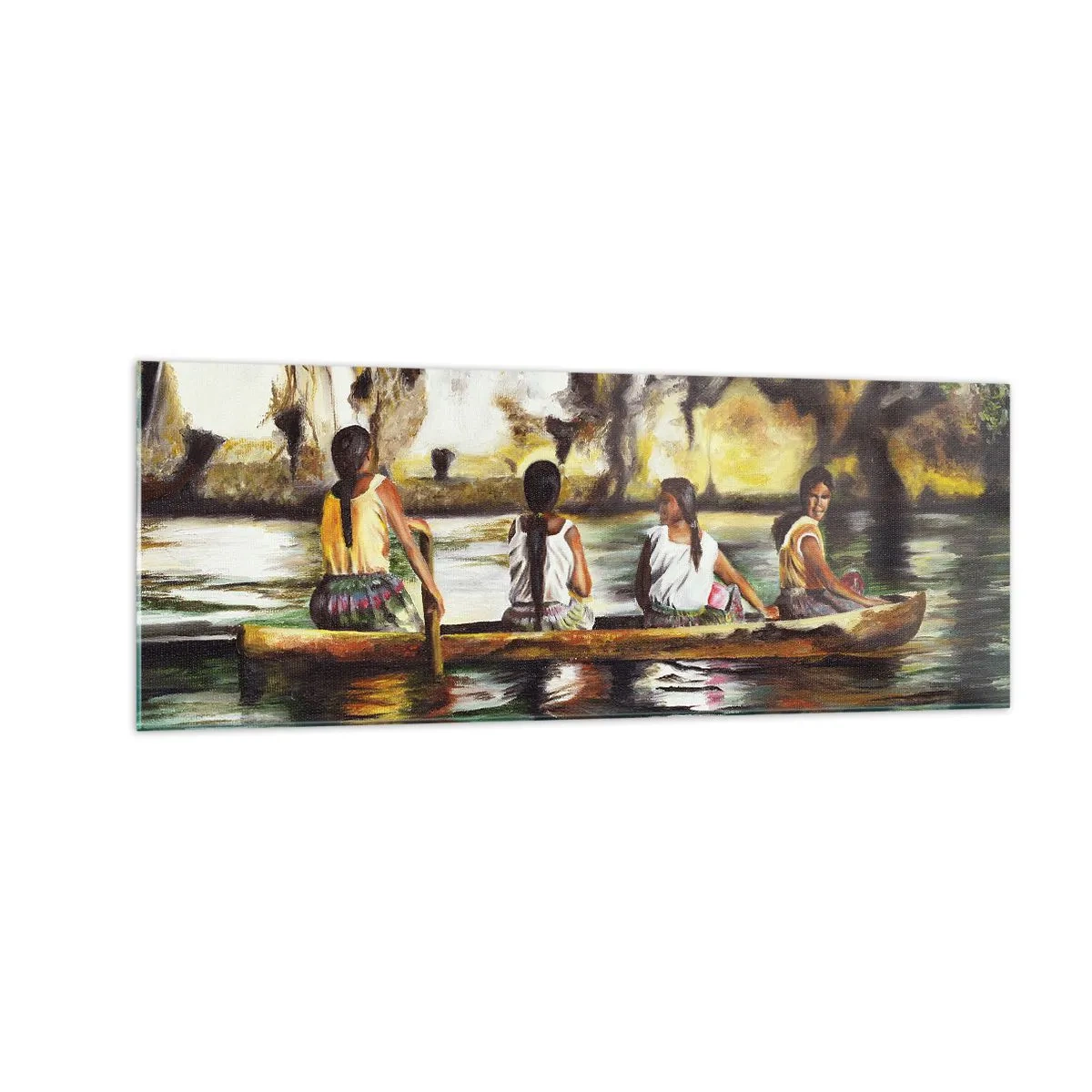 Glasbild - Bild auf glas - Frauen in einem Boot auf einem ruhigen Fluss mit malerischer Kulisse - 140x50cm - In einem polynesischen Paradies - Moderne Wanddekoration für Wohnzimmer und Schlafzimmer ARTTOR