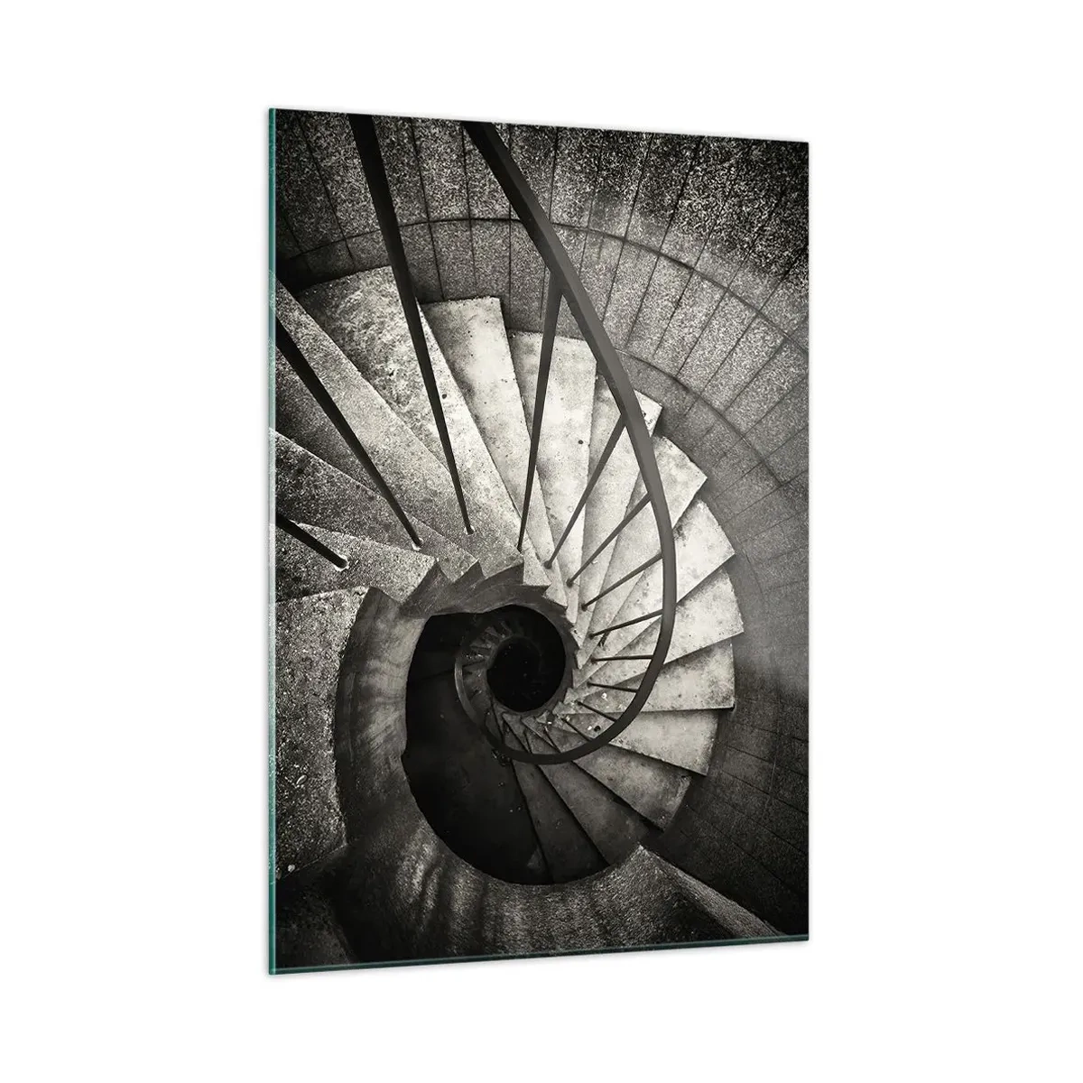 Glasbild - Bild auf glas - Eine schwarz-weiße Wendeltreppe aus der Vogelperspektive - 50x70cm - Treppe hoch, Treppe runter - Moderne Wanddekoration für Wohnzimmer und Schlafzimmer ARTTOR