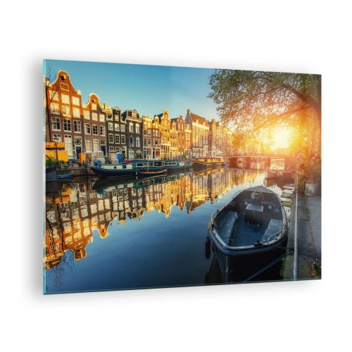 Glasbild - Bild auf glas - Amsterdamer Kanal bei Sonnenuntergang - 70x50cm - Morgen in Amsterdam - Moderne Wanddekoration für Wohnzimmer und Schlafzimmer ARTTOR