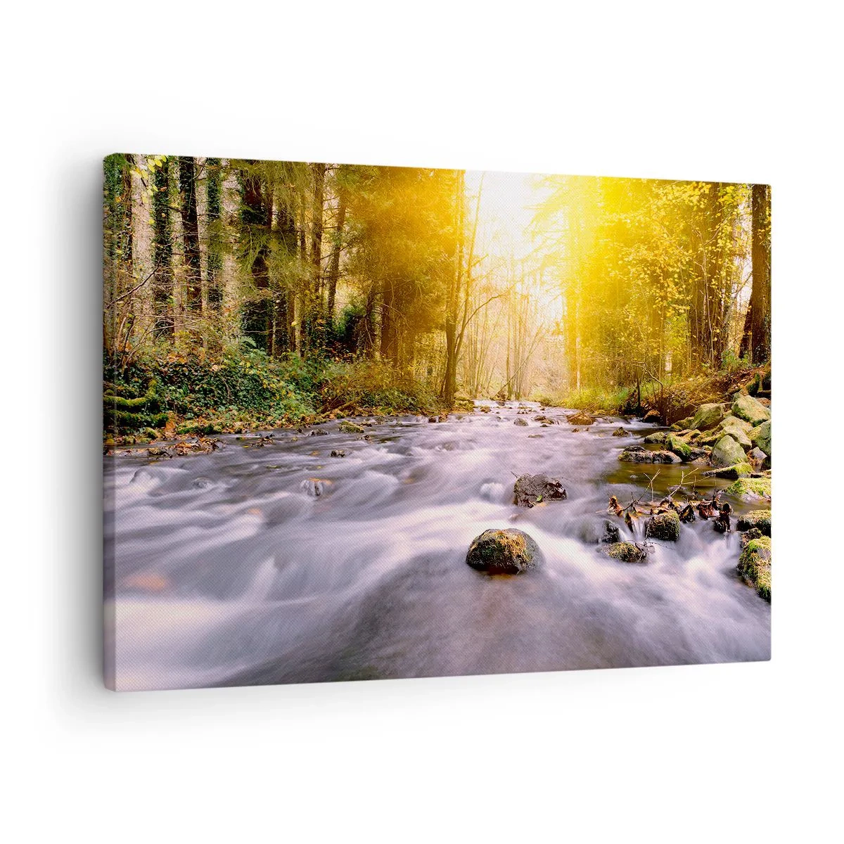 Bild auf Leinwand - Leinwandbild - Ein Waldbach, beleuchtet von den Sonnenstrahlen - 70x50cm - Malachit im Silber- und Goldrahmen - Moderne Wanddekoration für Wohnzimmer und Schlafzimmer ARTTOR