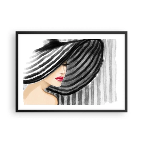 Poster in einem schwarzem Rahmen - Frau trägt einen schwarz-weißen Hut mit rotem Akzent - 70x50cm - Wo soll ich dich finden? - Moderne Wanddekoration für Wohnzimmer und Schlafzimmer ARTTOR