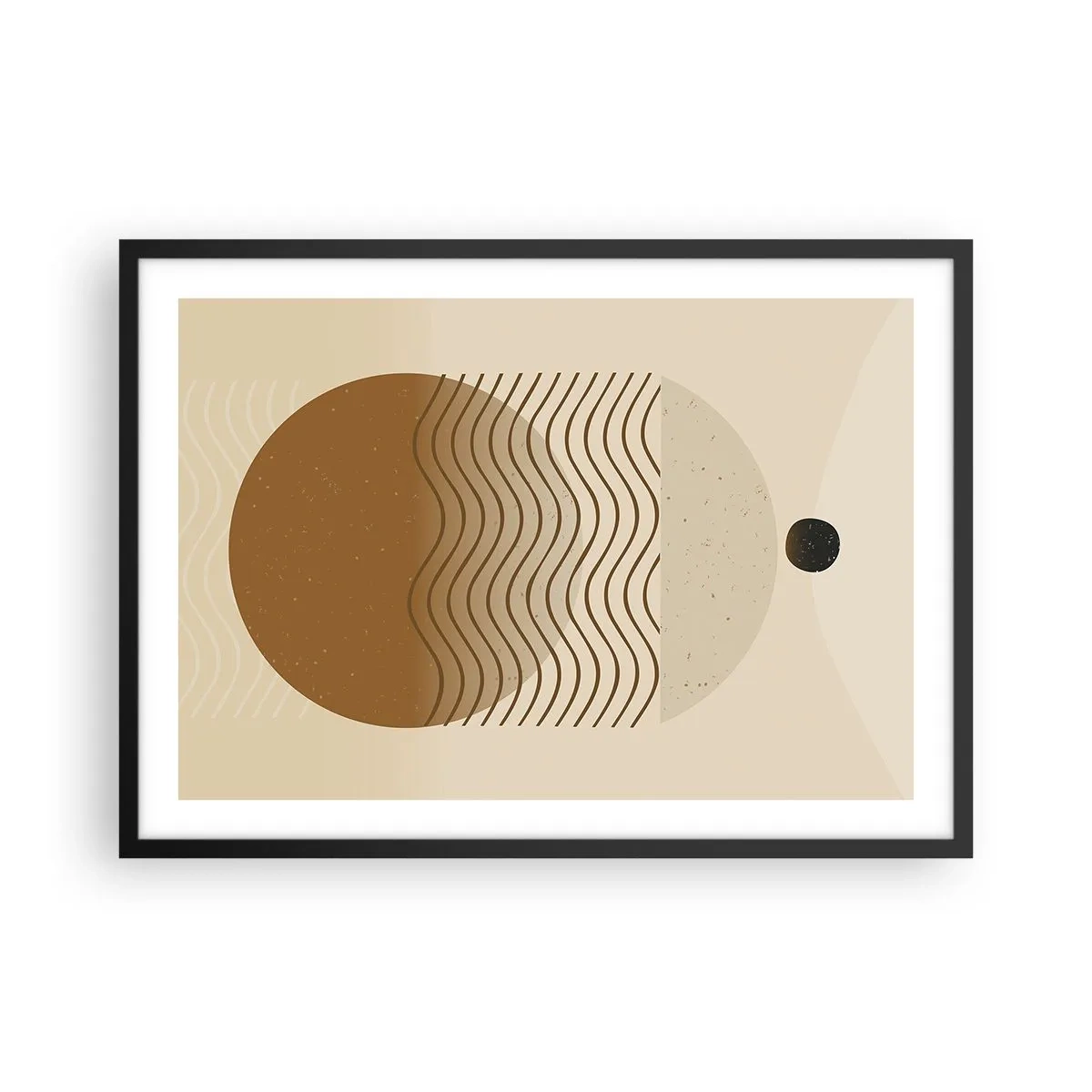 Poster in einem schwarzem Rahmen - Geometrische Abstraktion mit Kreisen und Wellenlinien in warmen Farben. - 70x50cm - Zur Entstehung geometrischer Figuren - Moderne Wanddekoration für Wohnzimmer und Schlafzimmer ARTTOR