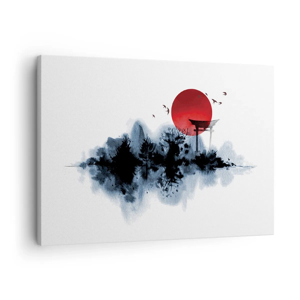 Bild auf Leinwand - Leinwandbild - Rote Sonne über einer malerischen Landschaft mit Torii - 70x50cm - Japanische Sicht - Moderne Wanddekoration für Wohnzimmer und Schlafzimmer ARTTOR