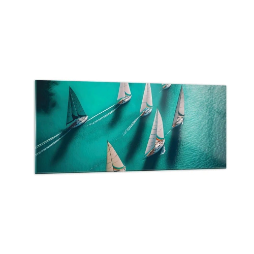 Glasbild - Bild auf glas - Yachten auf türkisfarbenem Wasser in dynamischer Bewegung - 120x50cm - Im Wettbewerb mit dem Wind - Moderne Wanddekoration für Wohnzimmer und Schlafzimmer ARTTOR