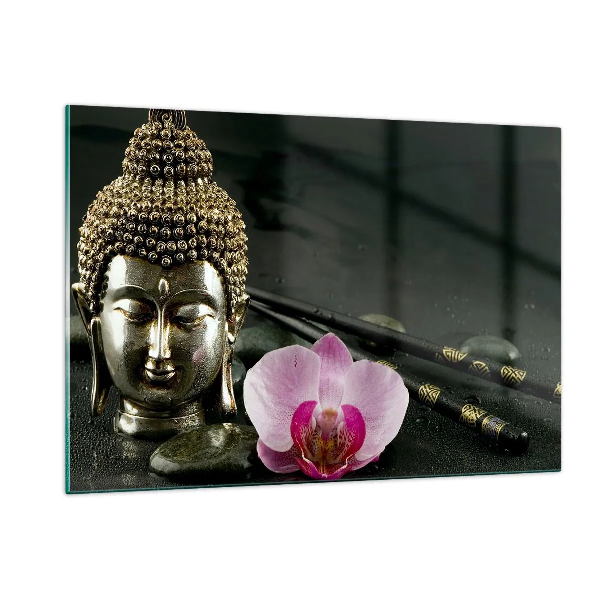 Glasbild - Bild auf glas - Buddhistischer Kopf mit einer rosa Blume auf einem Hintergrund aus Steinen - 120x80cm - Harmonie von Weisheit und Schönheit - Moderne Wanddekoration für Wohnzimmer und Schlafzimmer ARTTOR