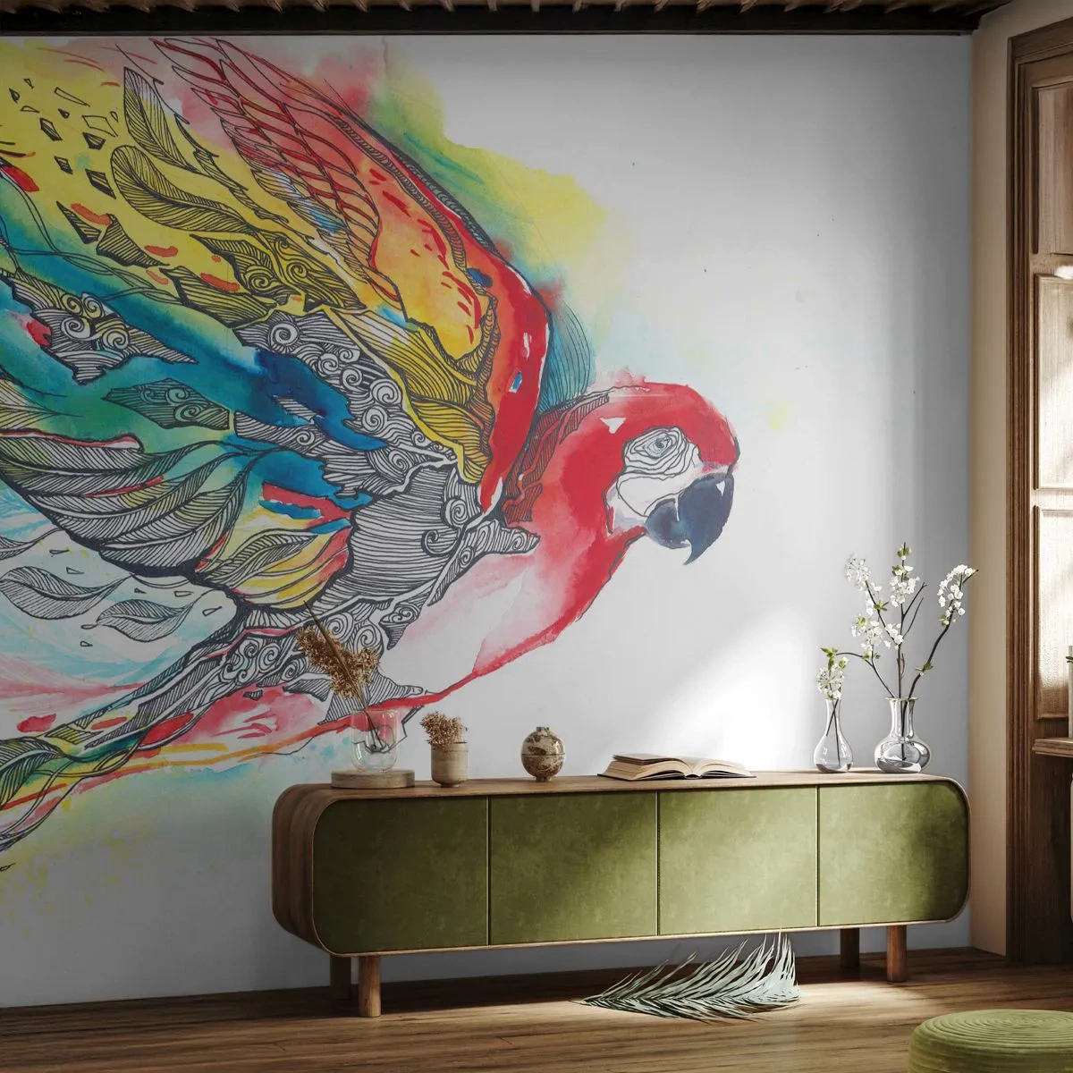 Selbstklebende Fototapete Deluxe Sticker - Leben Sie bunt - Vogel, Papagei, Bunte Federn - 250x175 cm