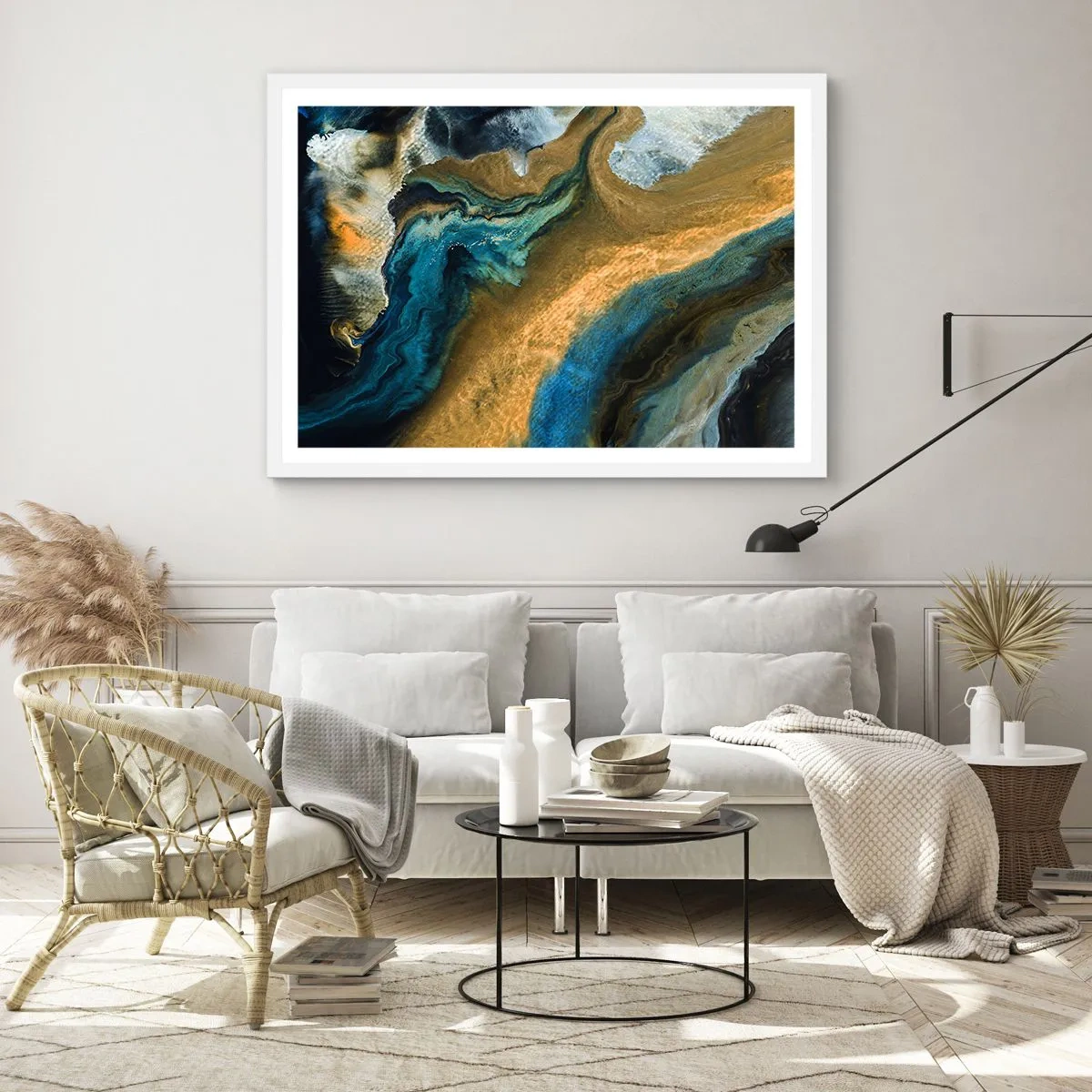 Poster in einem weißen Rahmen - Blau - Gelb - gegenseitige Beeinflussung - 100x70 cm