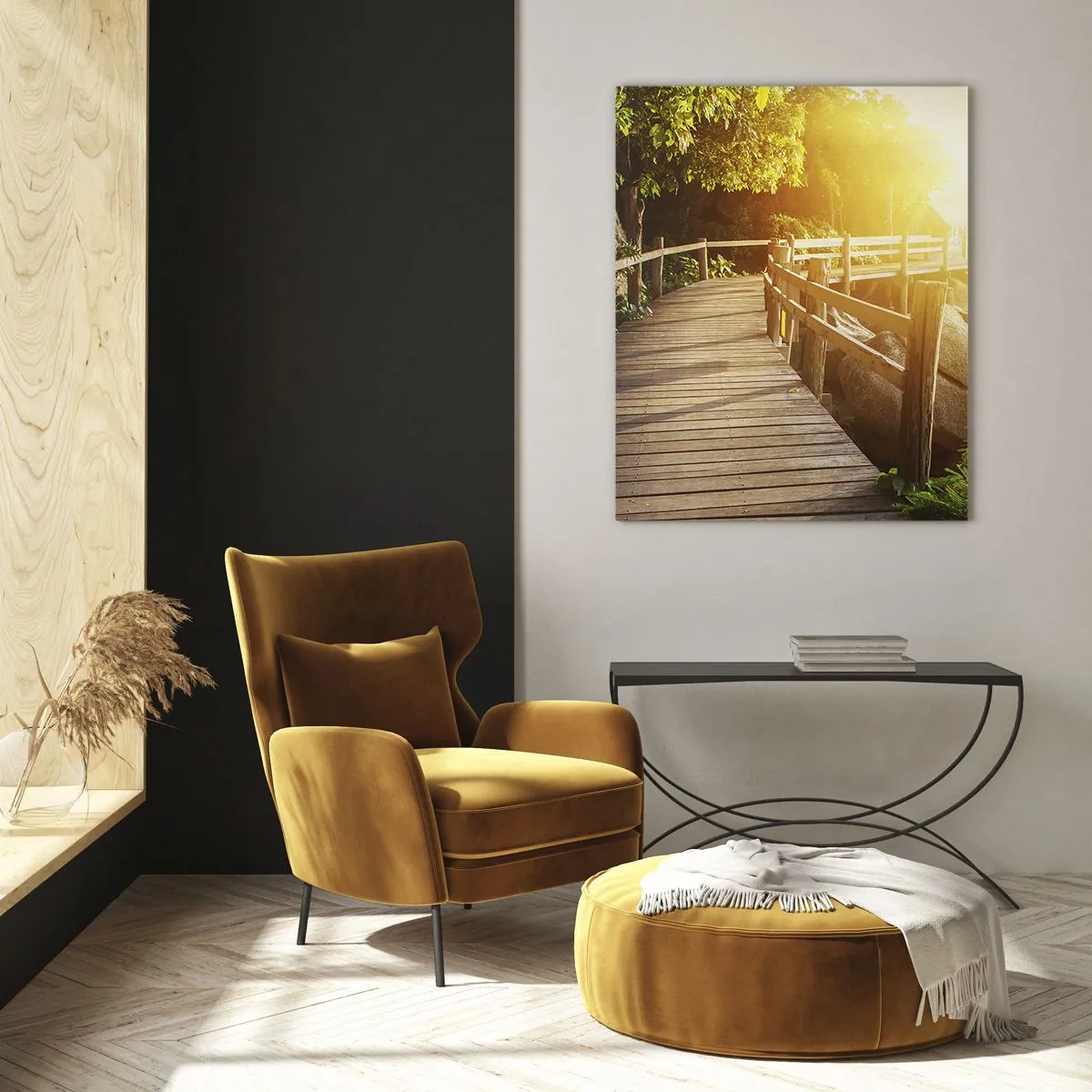 Glasbild - Bild auf glas - Ein Holzweg zwischen den Bäumen am Meer im Licht des Sonnenuntergangs - 50x70cm - Noch eine Wendung, ein weiteres Wunder - Moderne Wanddekoration für Wohnzimmer und Schlafzimmer ARTTOR