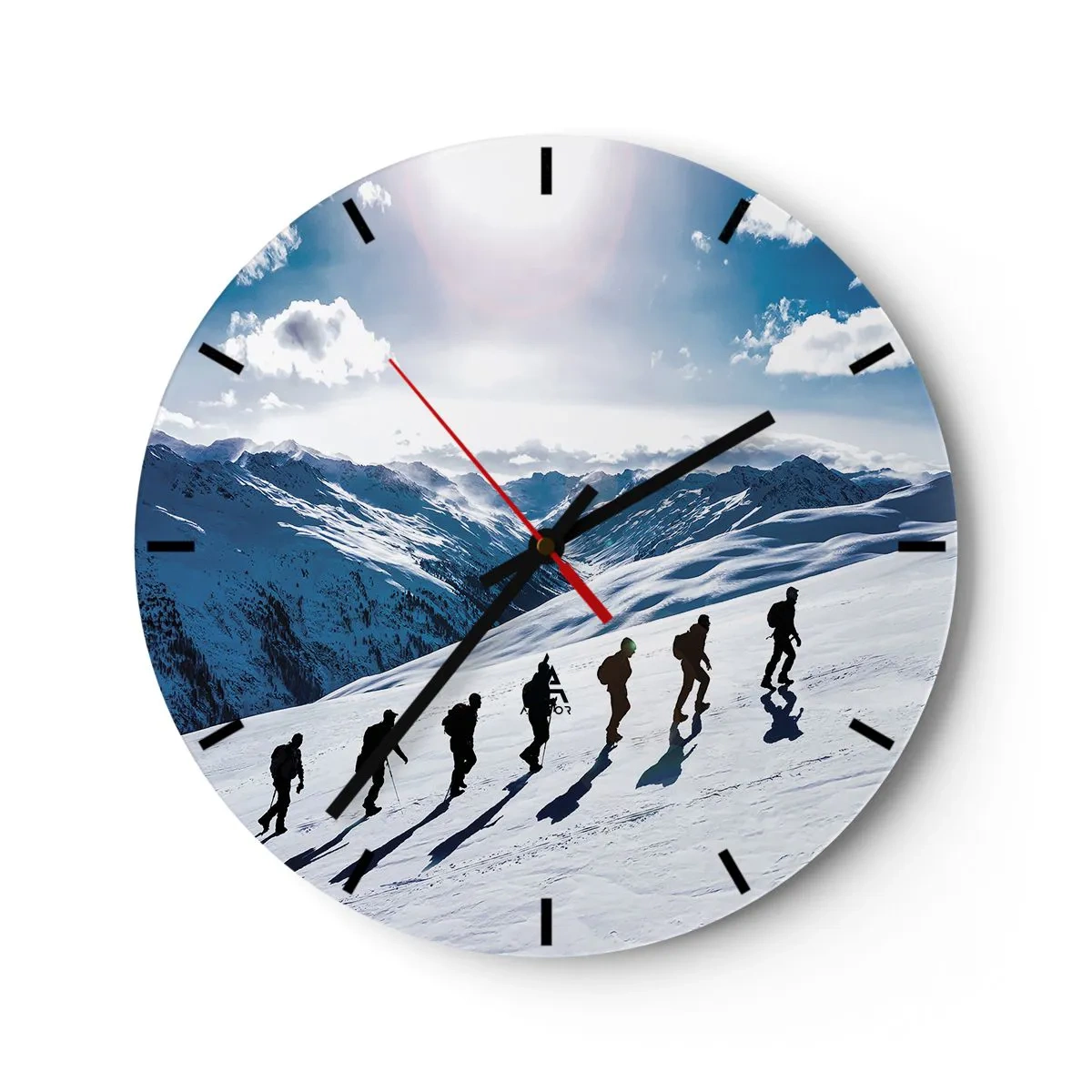 Wanduhr - Glasuhr - Eine Gruppe von Bergsteigern in schneebedeckten Bergen unter klarem Himmel - 30x30cm - Das Team der Eroberer - Moderne Wanddekoration für Wohnzimmer, Küche und Schlafzimmer ARTTOR