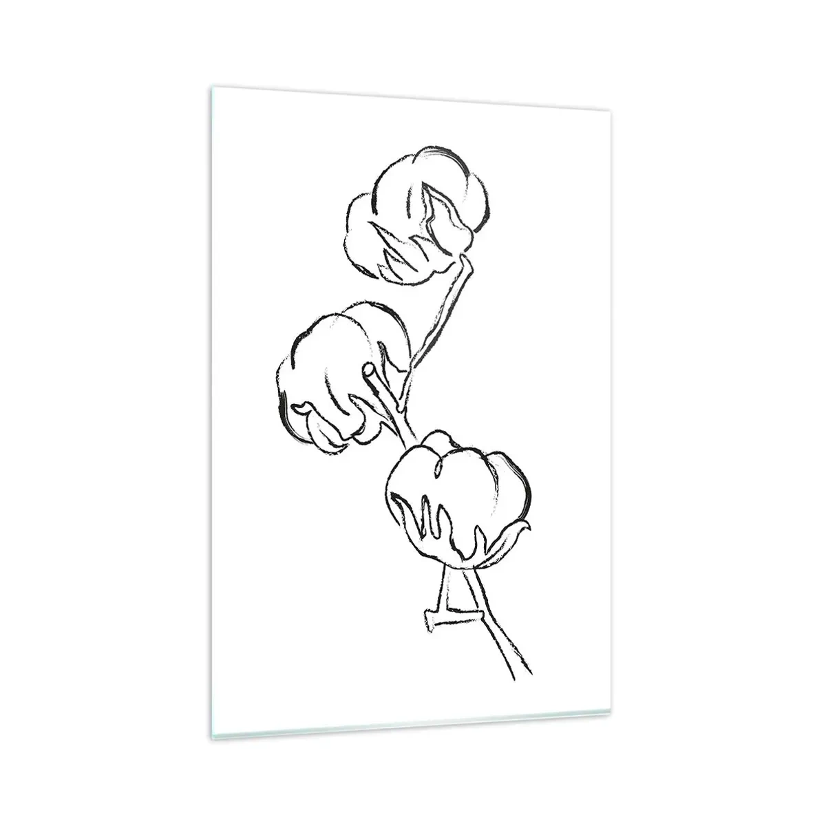 Glasbild - Bild auf glas - Ein zarter Umriss eines Baumwollzweigs auf weißem Hintergrund - 80x120cm - Baumwolldaunen - Moderne Wanddekoration für Wohnzimmer und Schlafzimmer ARTTOR