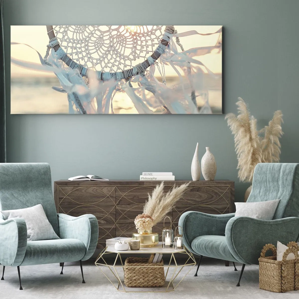Bild auf Leinwand - Leinwandbild - Ein zarter Traumfänger vor dem Hintergrund der untergehenden Sonne - 120x50cm - Totem aus Spitze - Moderne Wanddekoration für Wohnzimmer und Schlafzimmer ARTTOR