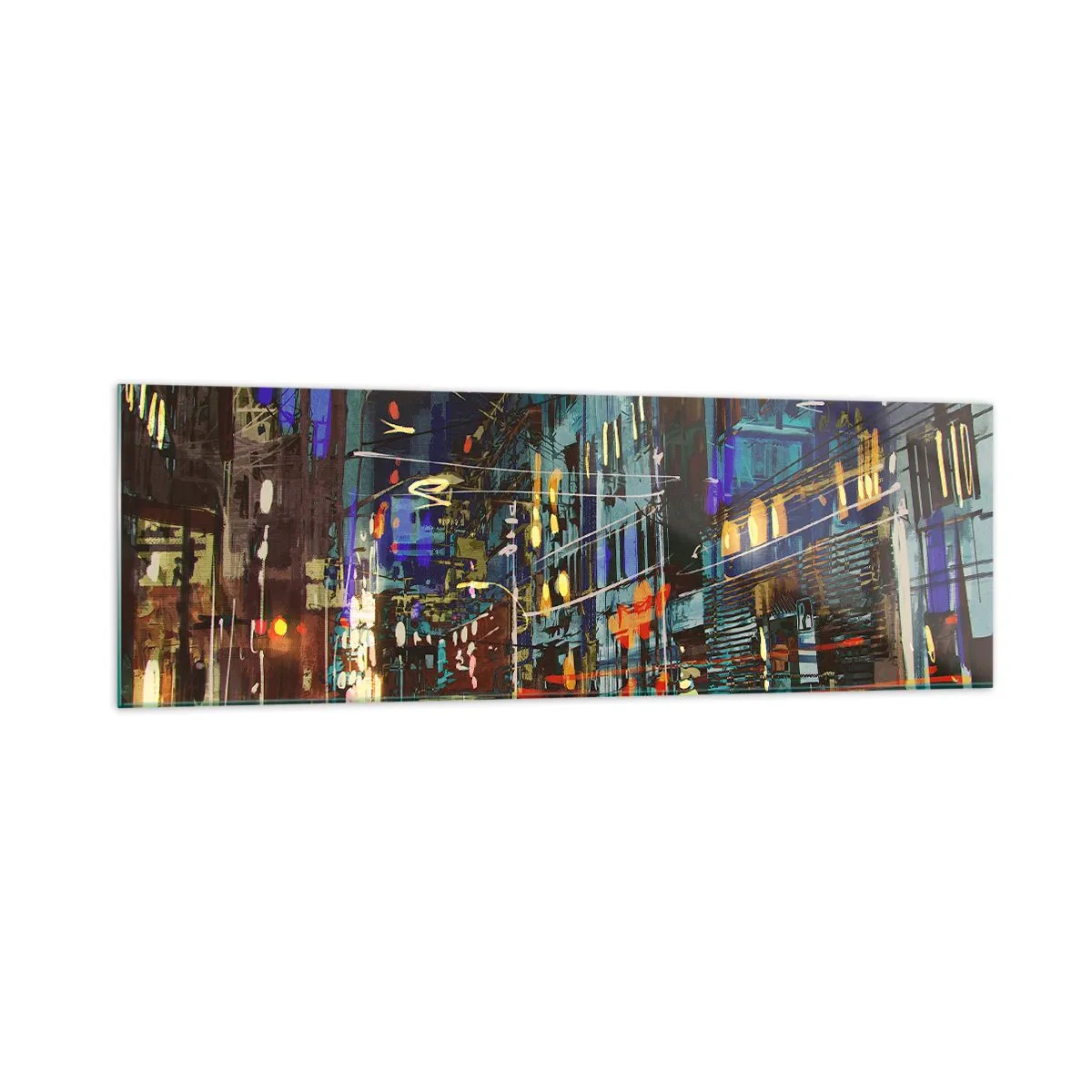 Glasbild - Bild auf glas - Stadtnachtszene mit Neonlichtern - 160x50cm - Abendlicher Straßentrubel - Moderne Wanddekoration für Wohnzimmer und Schlafzimmer ARTTOR