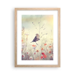 Poster in einem Rahmen aus heller Eiche - Vogelporträt mit einer Wiese im Hintergrund - 30x40 cm