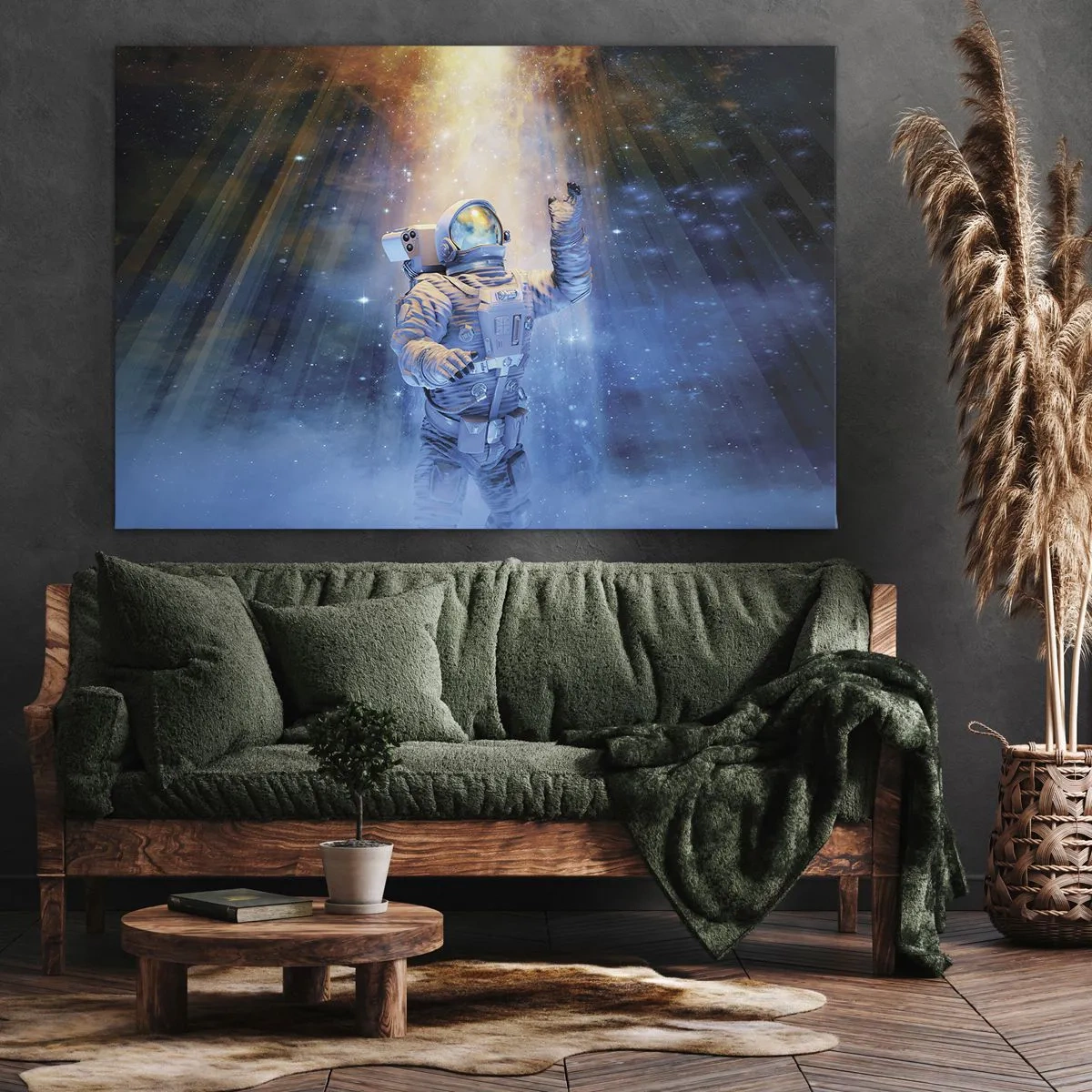 Bild auf Leinwand - Leinwandbild - Astronaut im Licht einer kosmischen Explosion voller Sterne - 70x50cm - Endlich am Ende - Moderne Wanddekoration für Wohnzimmer und Schlafzimmer ARTTOR