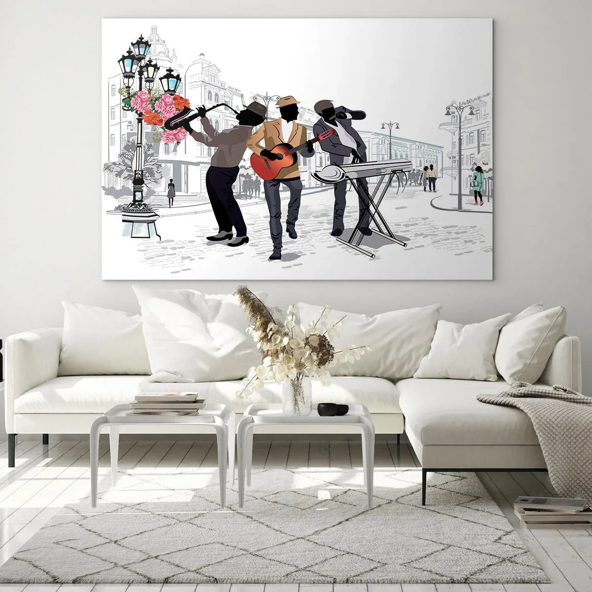 Glasbild - Bild auf glas - Eine Jazzband spielt auf der Straße - 100x70cm - Straßenmusik - Moderne Wanddekoration für Wohnzimmer und Schlafzimmer ARTTOR