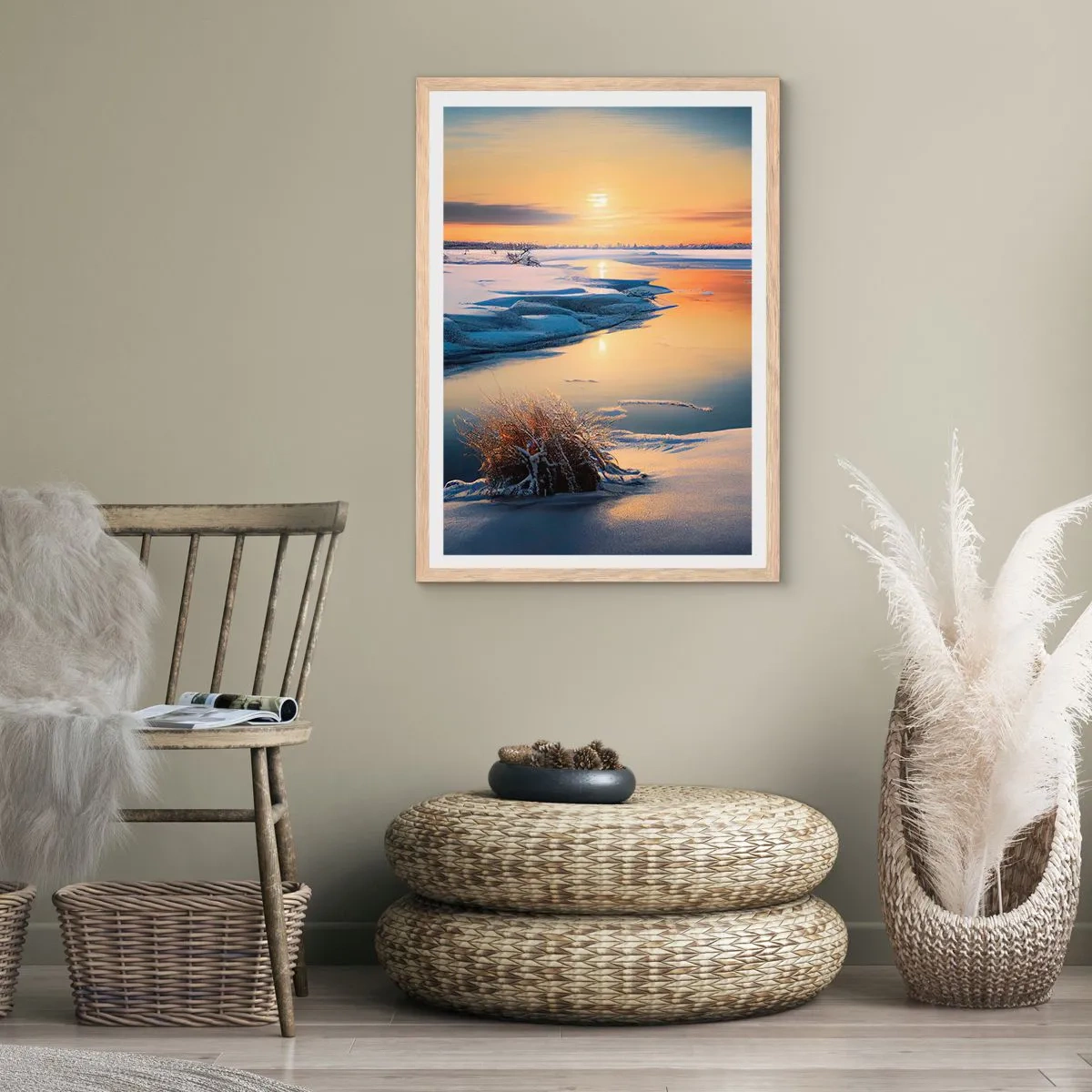 Poster in einem Rahmen aus heller Eiche - Wintersonnenuntergang - 40x50 cm